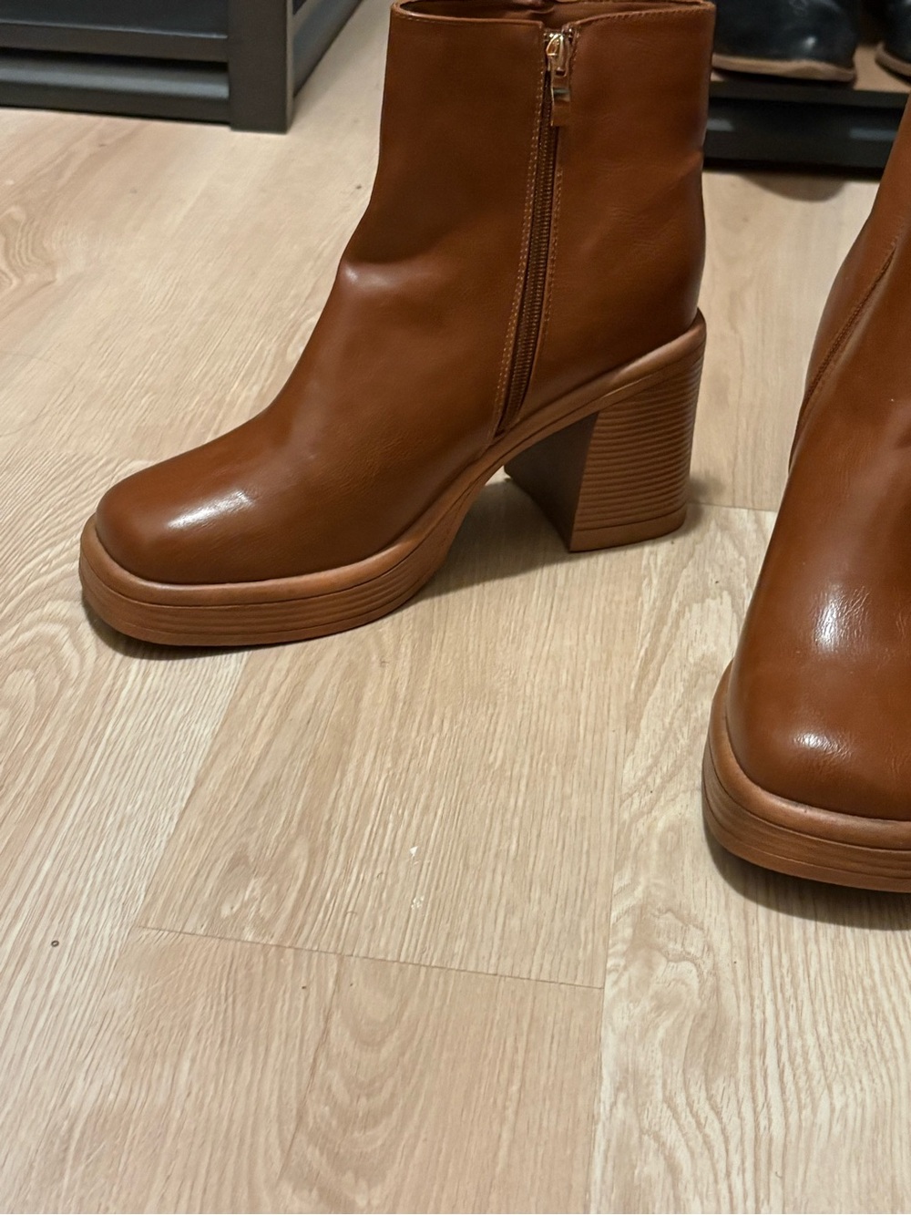 JustFab Cognac Platform Block Heel Ankle Boots